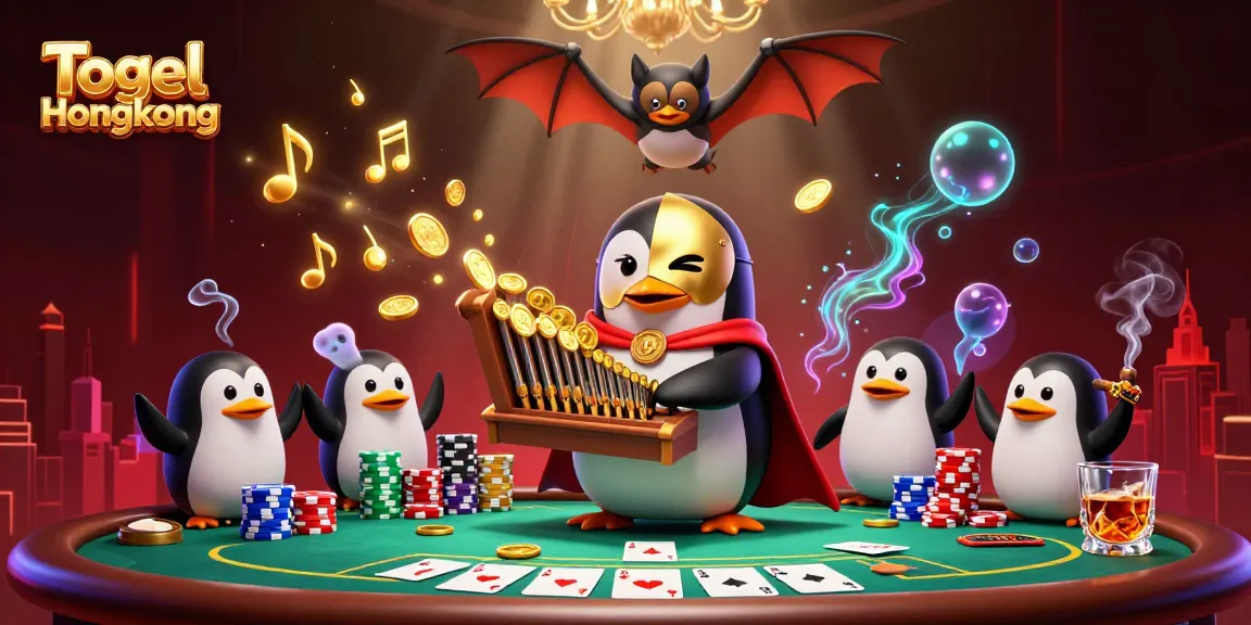 Spin the reels in Togel Hongkong while golden coins cascade from an opera penguin's pipe organ.
