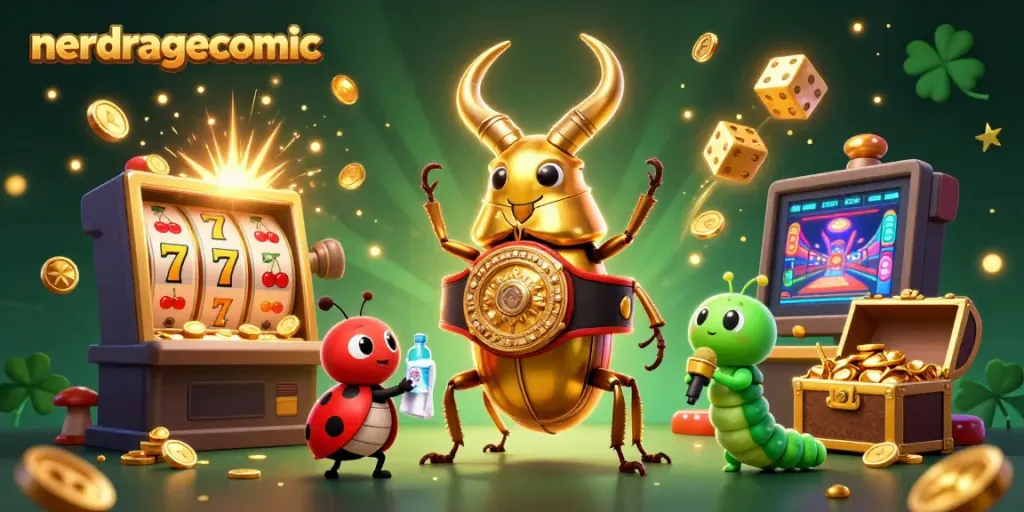 Nerdragecomic menggambarkan karakter kartun bergaya 3D dengan elemen permainan kasino yang menarik.