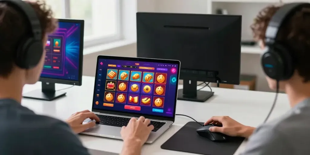 Pengguna judi online di OMTOGEL dengan laptop menampilkan permainan menarik.