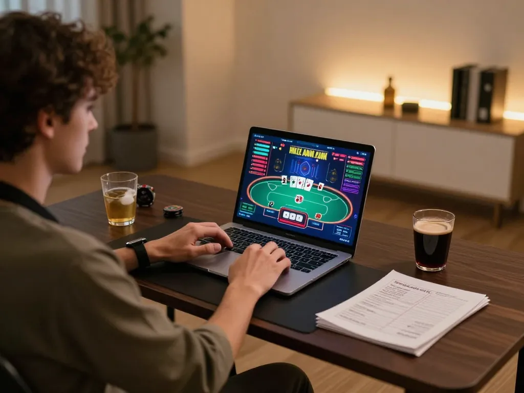 Player enjoying online gaming experience on Thabet platform, with vibrant poker interface displayed on laptop
