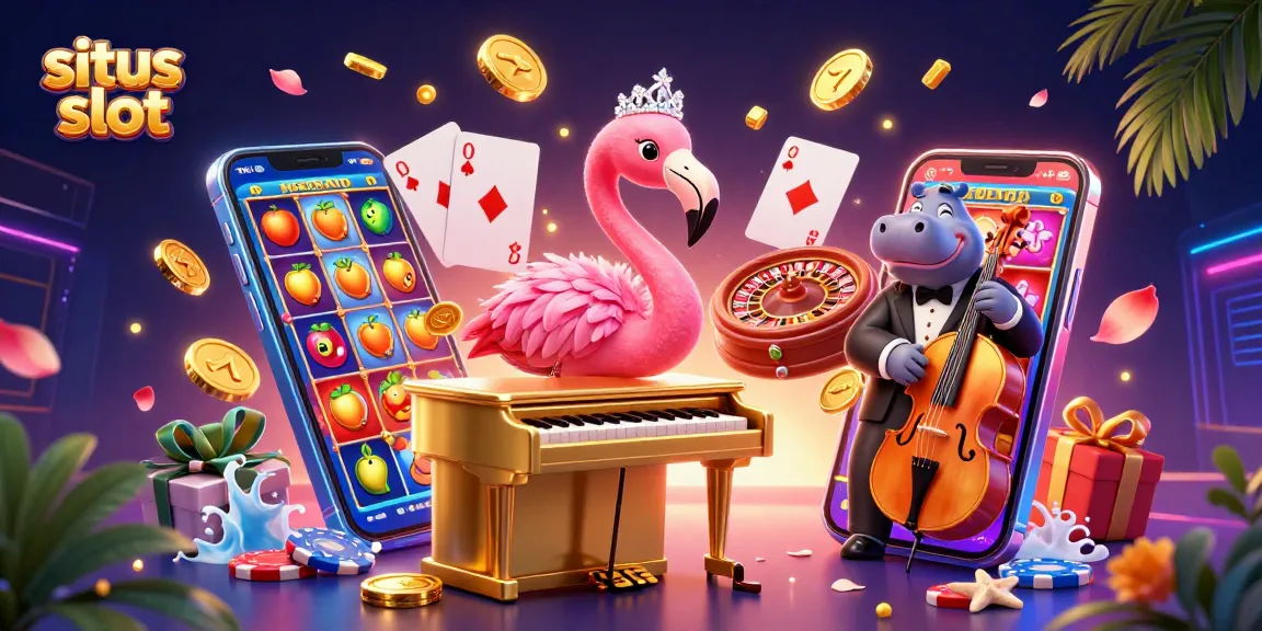 situs slot showcases a vibrant 3D casino scene with a flamingo singer and a hippo bassist, surrounded by animated slot game elements.