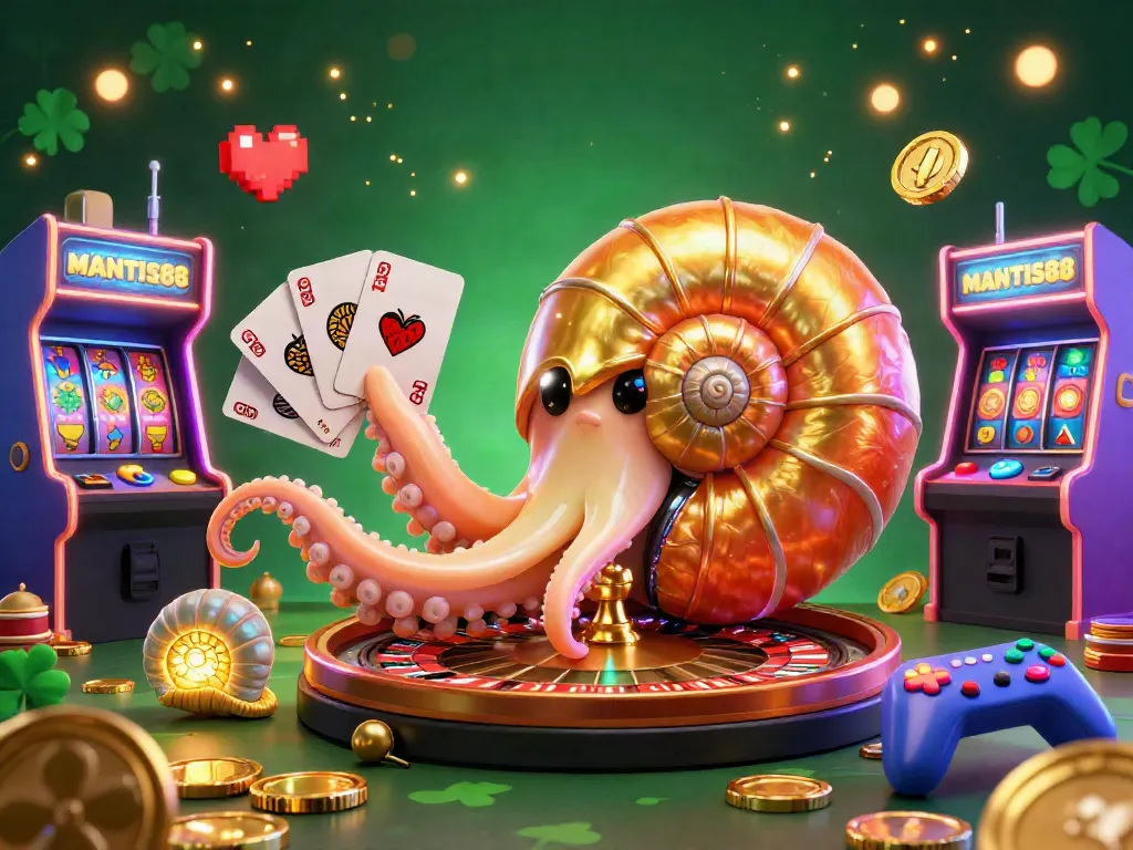 MANTIS88 enhances gaming with a vibrant, rich casino-themed illustration, showcasing a nautilus roulette wheel.