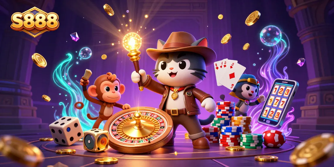 Experience the excitement of S888 with a 3D cartoon scene featuring a cat and monkey amid casino treasures.