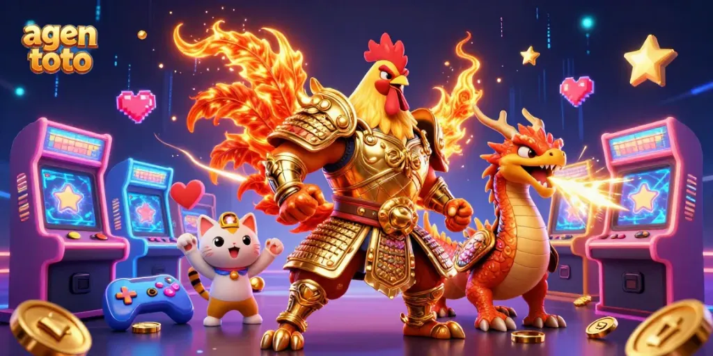 Agen toto menarik dengan karakter ayam jantan bertarung dan naga, di tengah mesin arcade berwarna.