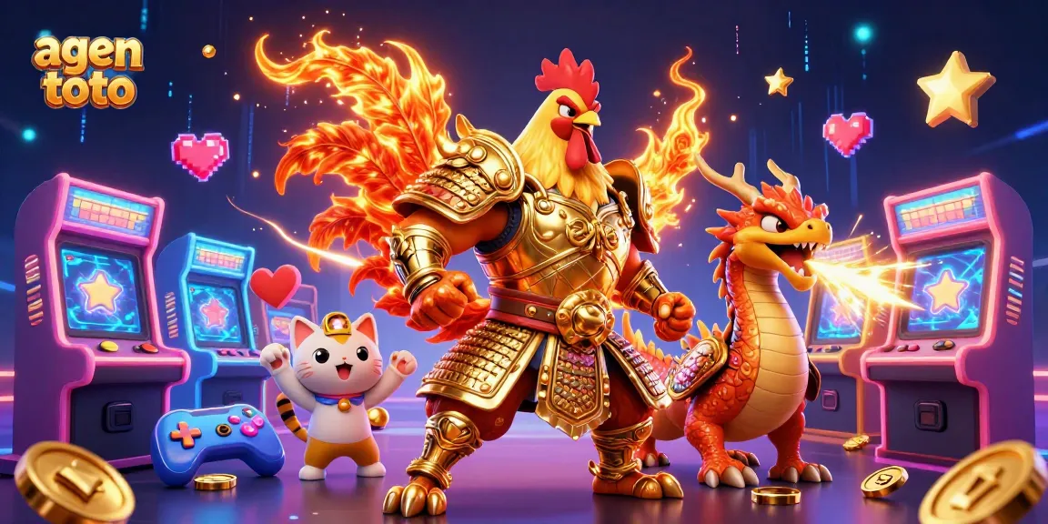Agen toto menarik dengan karakter ayam jantan bertarung dan naga, di tengah mesin arcade berwarna.