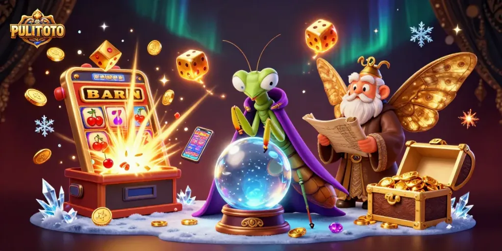 PULITOTO celebrates casino fun with a vibrant scene featuring a fortune teller, moth librarian, and rich game symbols.