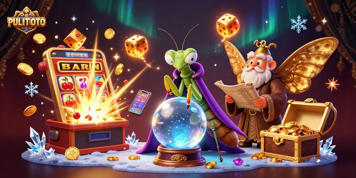 PULITOTO celebrates casino fun with a vibrant scene featuring a fortune teller, moth librarian, and rich game symbols.