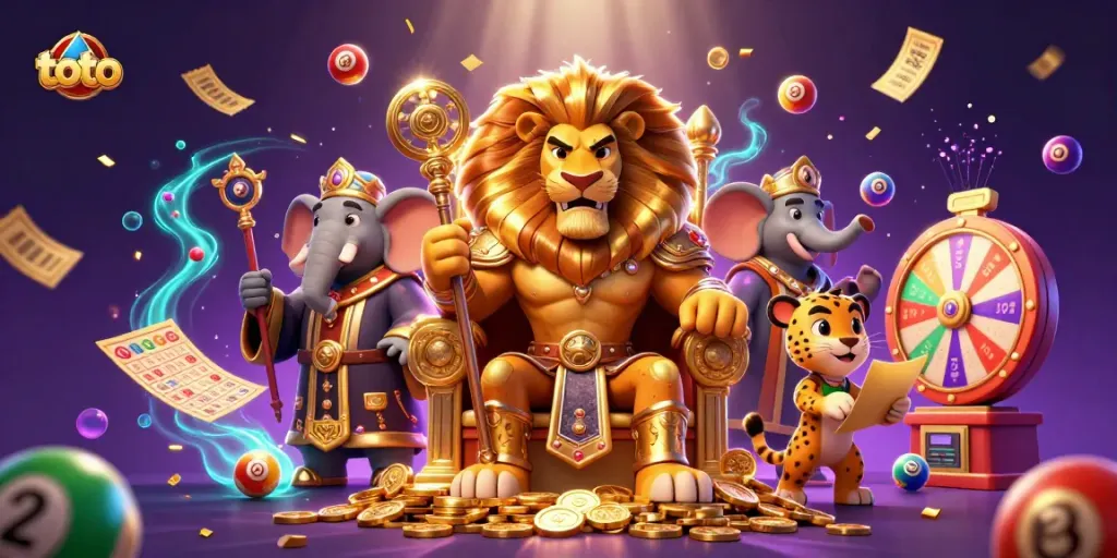 Menangkan permainan toto dengan ilustrasi raja singa, bola lotere, dan pemandangan magis.