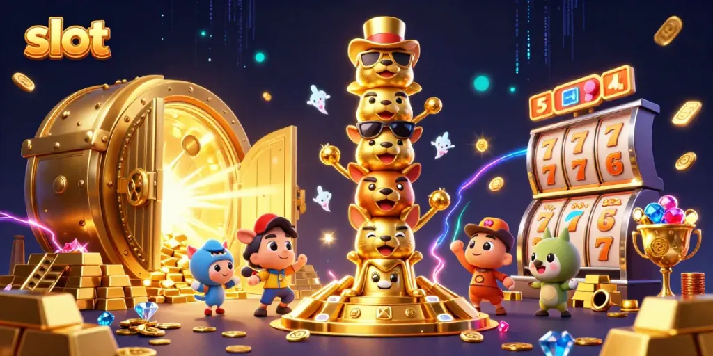 Menangkan slot dengan karakter totem yang berbahan emas di kasino 3D yang penuh harta dan simbol jackpot.
