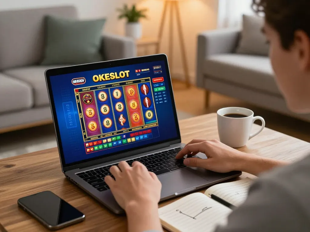 Player using OKESLOT on a laptop at home, engaged in online slot gaming.