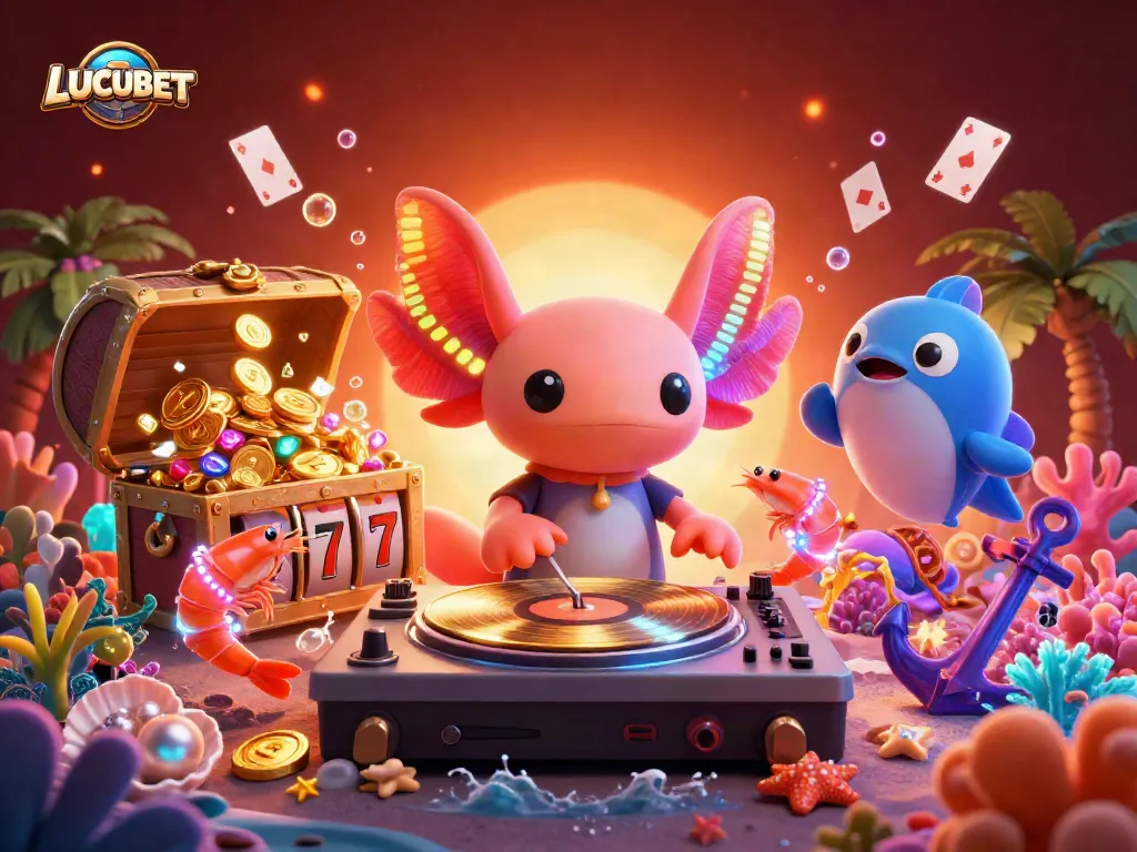Experience LUCUBET’s vibrant underwater casino scene with a DJ and lively characters amid dynamic game elements.