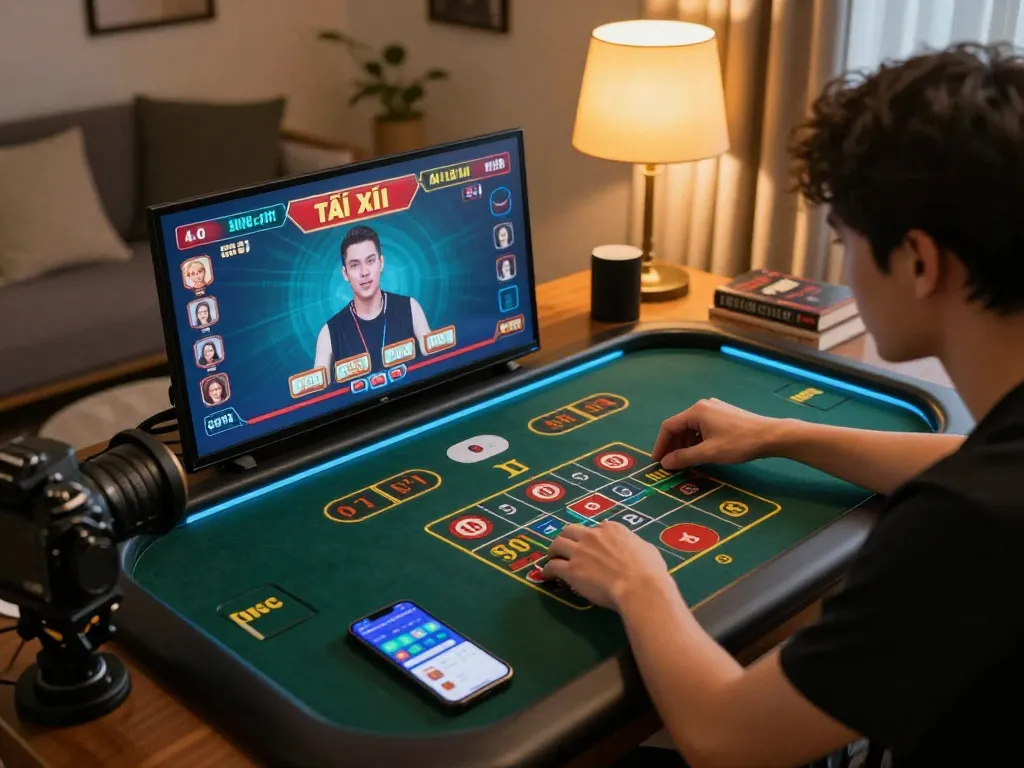 Tài Xỉu online gaming session in a cozy home setting, player engaged with live dealer interface.