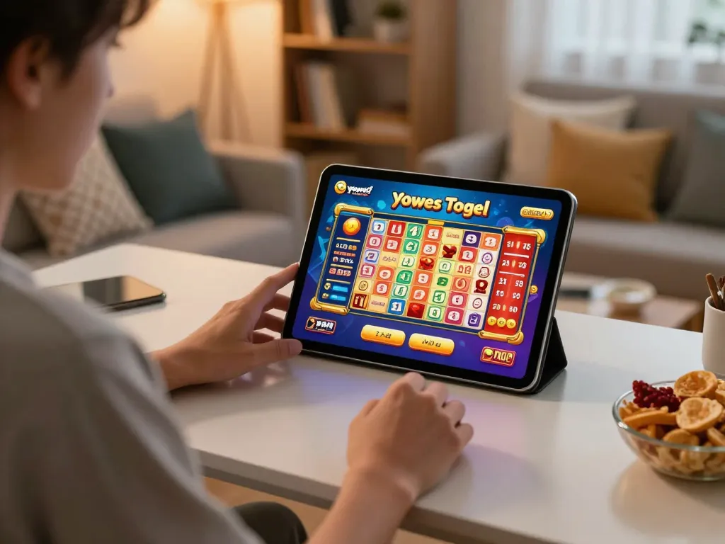 Engaging in yowes togel online gaming with a tablet in a cozy home setting.