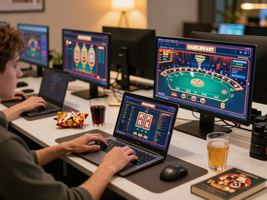 Engaged player at 78win playing casino games on a laptop showcasing vibrant online gaming interface