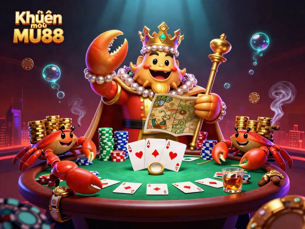 Experience thrilling Khuyến mãi MU88 with a golden crab emperor, vibrant poker elements, and dynamic casino action.