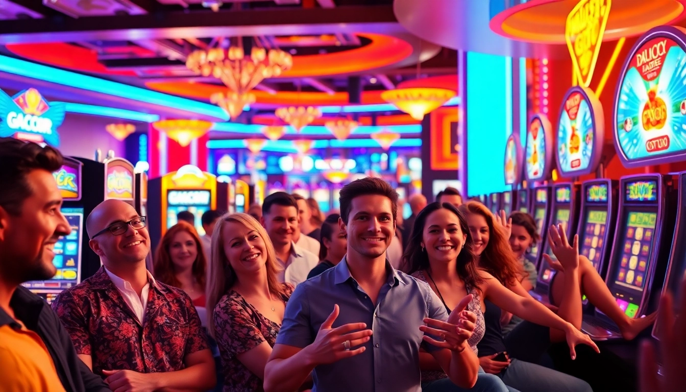 Menangkan jackpot di slot gacor dengan mesin kasino yang berwarna-warni dan pemain yang antusias.
