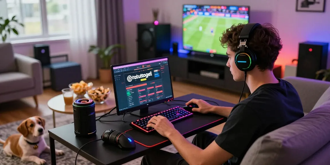 Permainan Ratutogel online dalam suasana santai di rumah, dengan pemuda fokus di laptop dan aksesoris gaming.