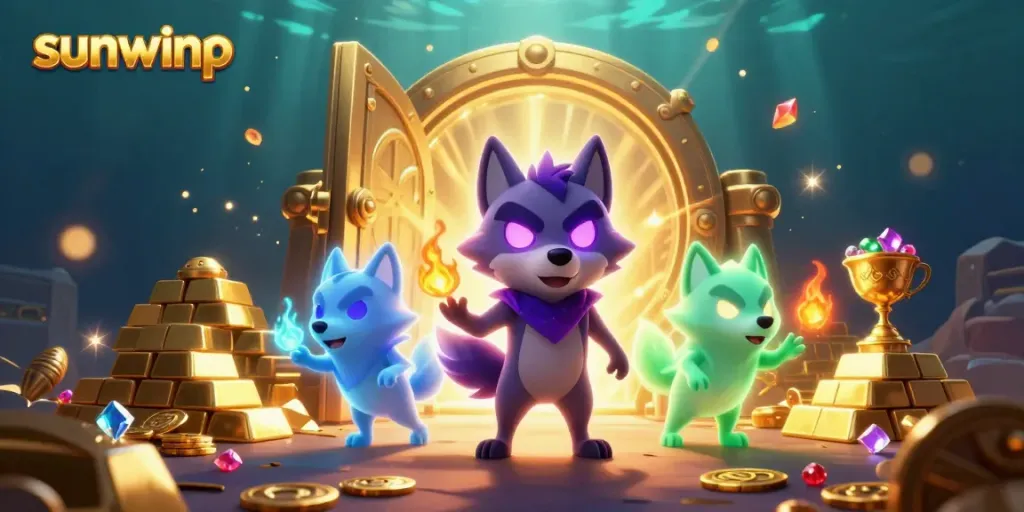 Experience the thrill of sunwinp with ghostly wolves amid gold coins and vibrant casino elements.