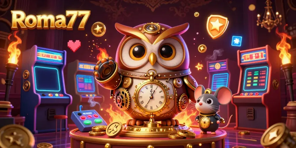 Experience the excitement of Roma77 as a cartoon owl and mouse navigate a vibrant steampunk casino world.