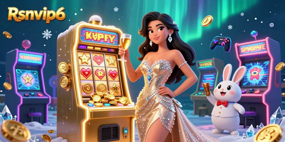 Terlibat dengan Rsnvip6 saat seorang wanita menakjubkan mengangkat toast di samping mesin slot jackpot emas di sebuah kasino yang penuh warna.