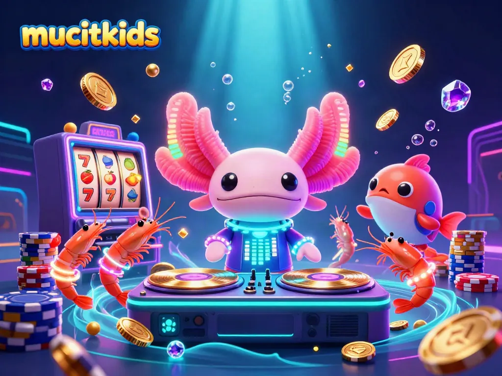Permainan menarik mucitkids dengan jackpot slot, uang emas, dan karakter lucu di latar belakang cerah.