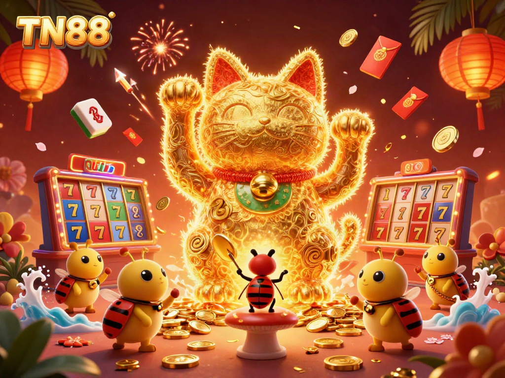 Experience excitement with TN88's giant lucky cat surrounded by vibrant casino elements.