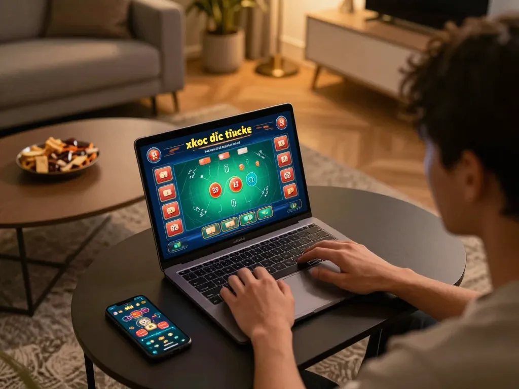 Xóc đĩa trực tuyến gameplay on a laptop in a cozy home setting with snacks and smartphone.