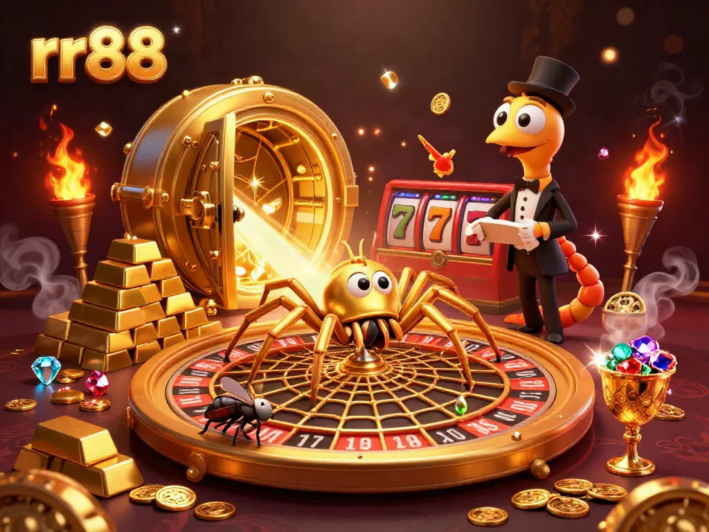 Experience thrilling bets at rr88 with a golden spider and centipede croupier amidst dazzling treasures.