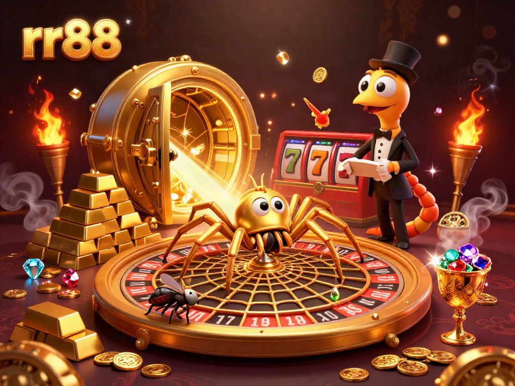 Experience thrilling bets at rr88 with a golden spider and centipede croupier amidst dazzling treasures.