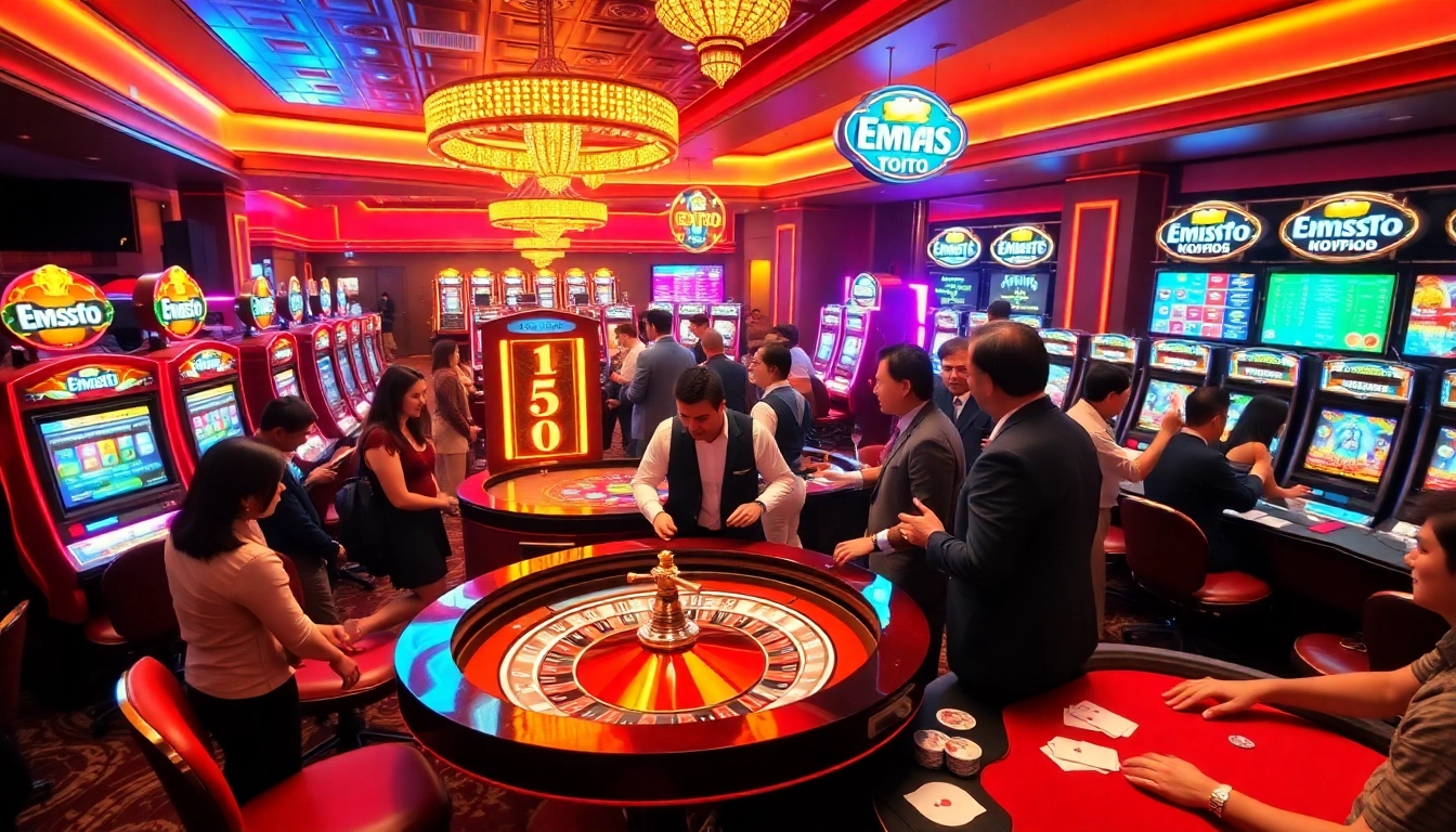 Players winning at Emas Toto in a vibrant casino setting filled with roulette and slot machines.