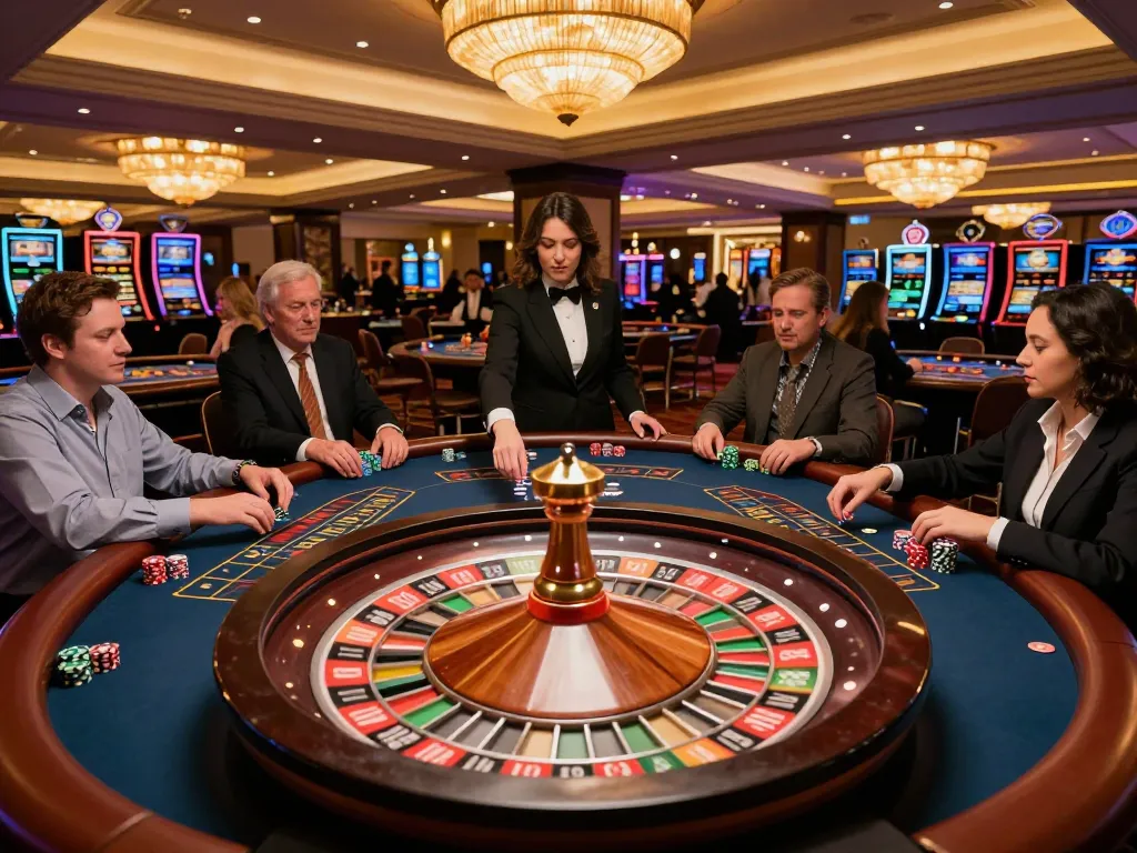 The thrill of placing bets at tg88 roulette table in a bustling casino, with players engaged and croupier spinning.