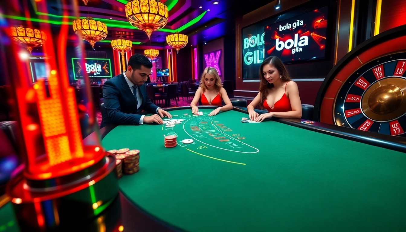 Exciting casino atmosphere showcasing bola gila with blackjack players and roulette wheel.