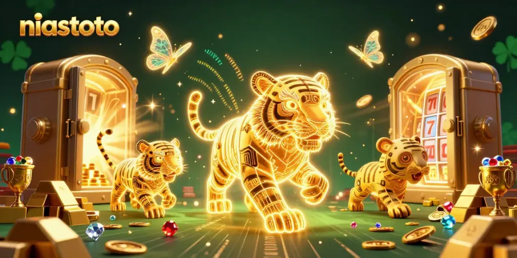 Experience niastoto's dynamic casino scene featuring a golden tiger and holographic butterflies amidst slot reels and treasures.