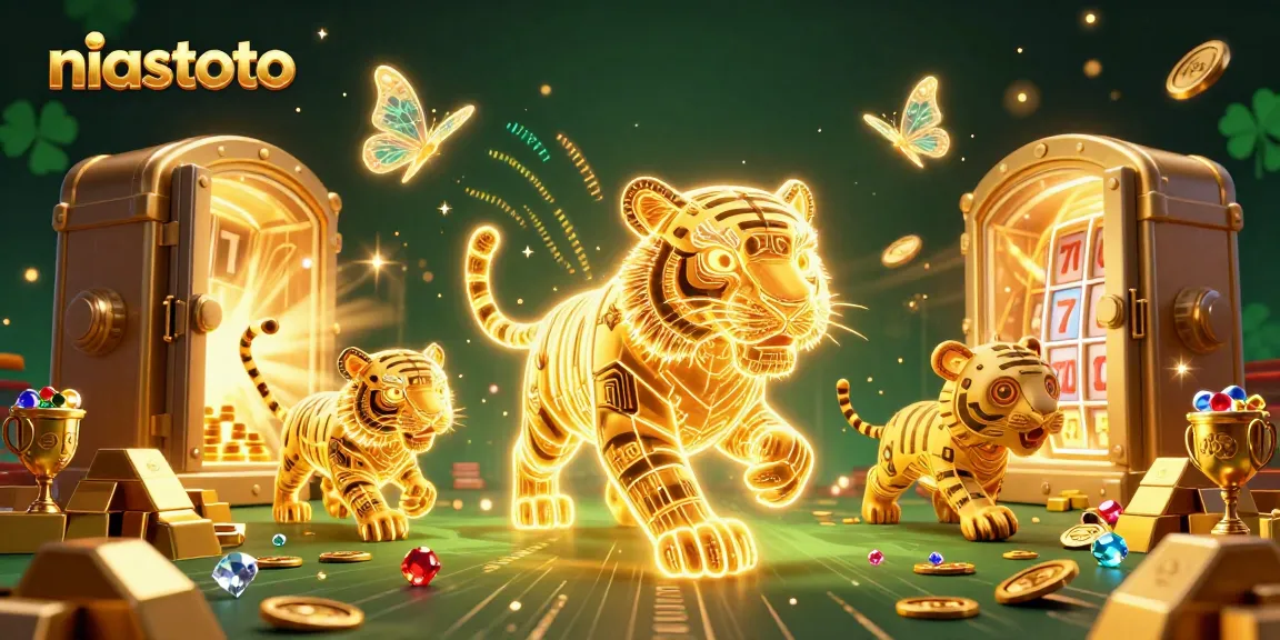 Experience niastoto's dynamic casino scene featuring a golden tiger and holographic butterflies amidst slot reels and treasures.