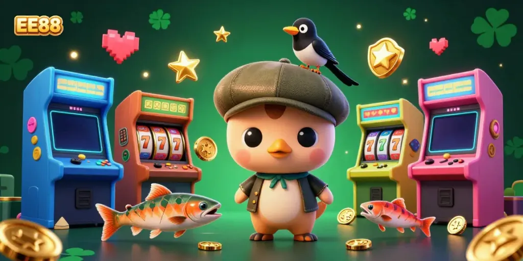 Engage with EE88's vibrant online casino atmosphere filled with thrilling slot games and playful characters.