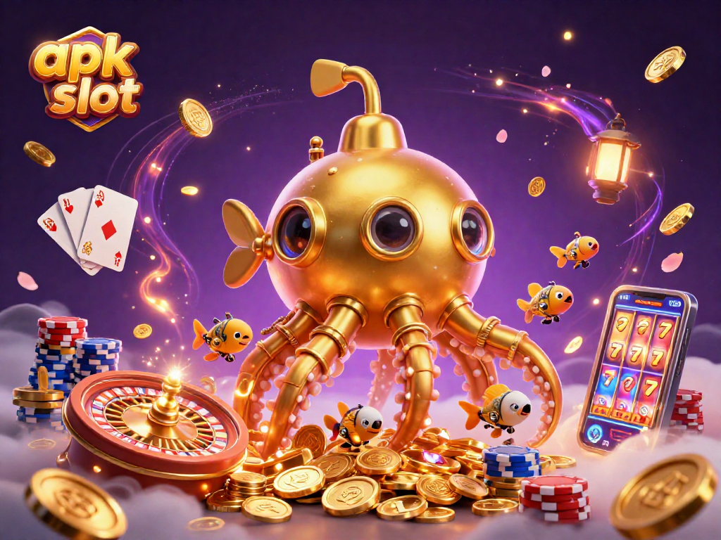 Engage with apk slot gaming on a captivating, vibrant scene featuring a golden kraken and dynamic slot elements.