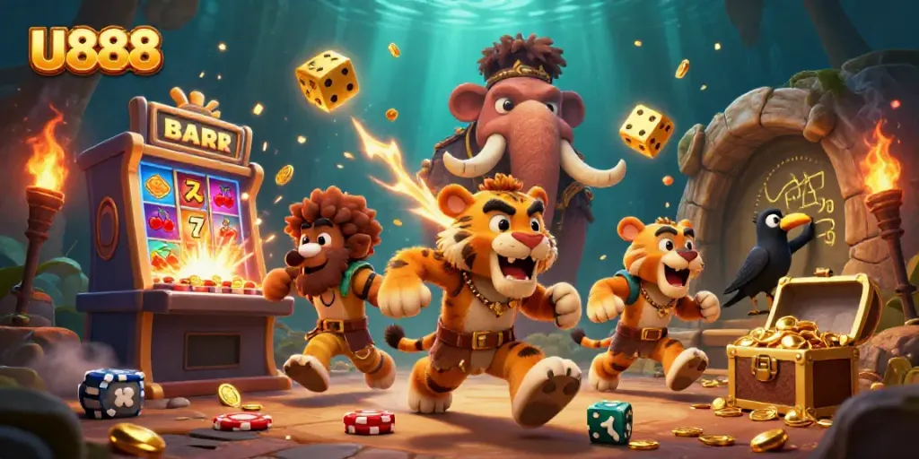 Enjoy U888's thrilling games with a vibrant prehistoric casino scene featuring exciting elements.