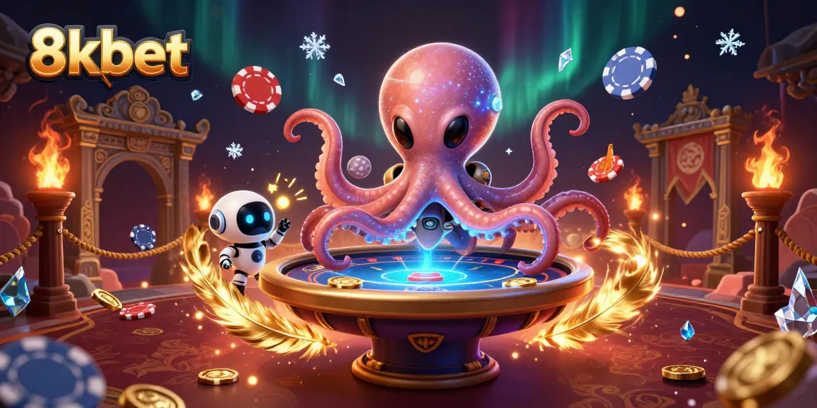 Experience the thrill of 8kbet with a playful alien octopus at a holographic poker table.