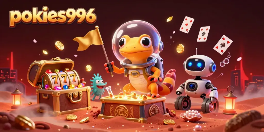 Experience the excitement of pokies996 with a Martian gecko exploring a golden casino.