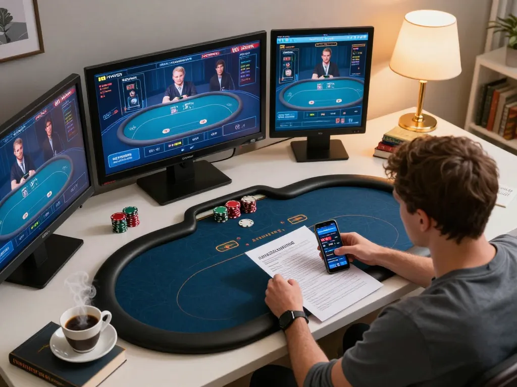 Player analyzing poker gameplay on cm88 app while reviewing strategies at home.