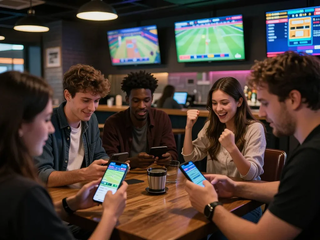 Kuwin users engaging in live sports betting, placing bets and celebrating wins in an exciting atmosphere