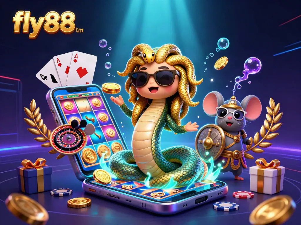 Play engaging casino games with fly88tm featuring Medusa and a warrior mouse amidst vibrant slots!