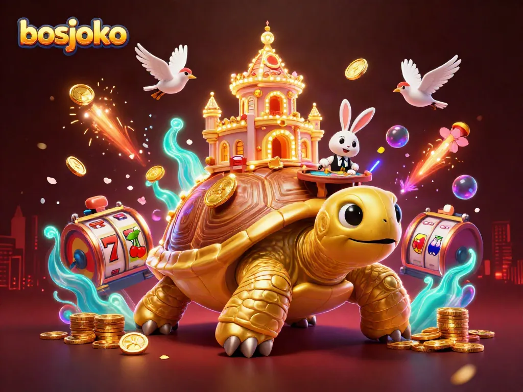 Experience the excitement of bosjoko with a vibrant casino scene featuring a golden tortoise casino palace and dynamic slot elements.