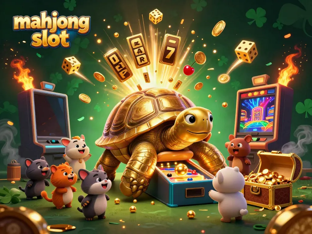 Mahjong slot yang menggembirakan dengan karakter kura-kura emas dan mesin slot yang meledak di tengah suasana kasino.