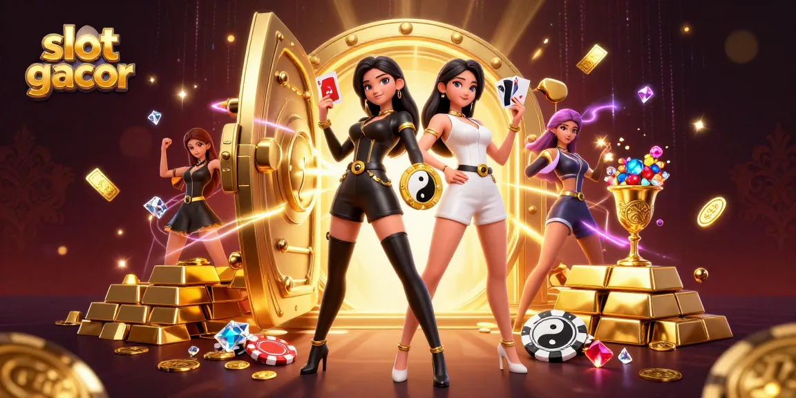Engage with slot gacor features through twin Asian women in dynamic casino-themed illustration.