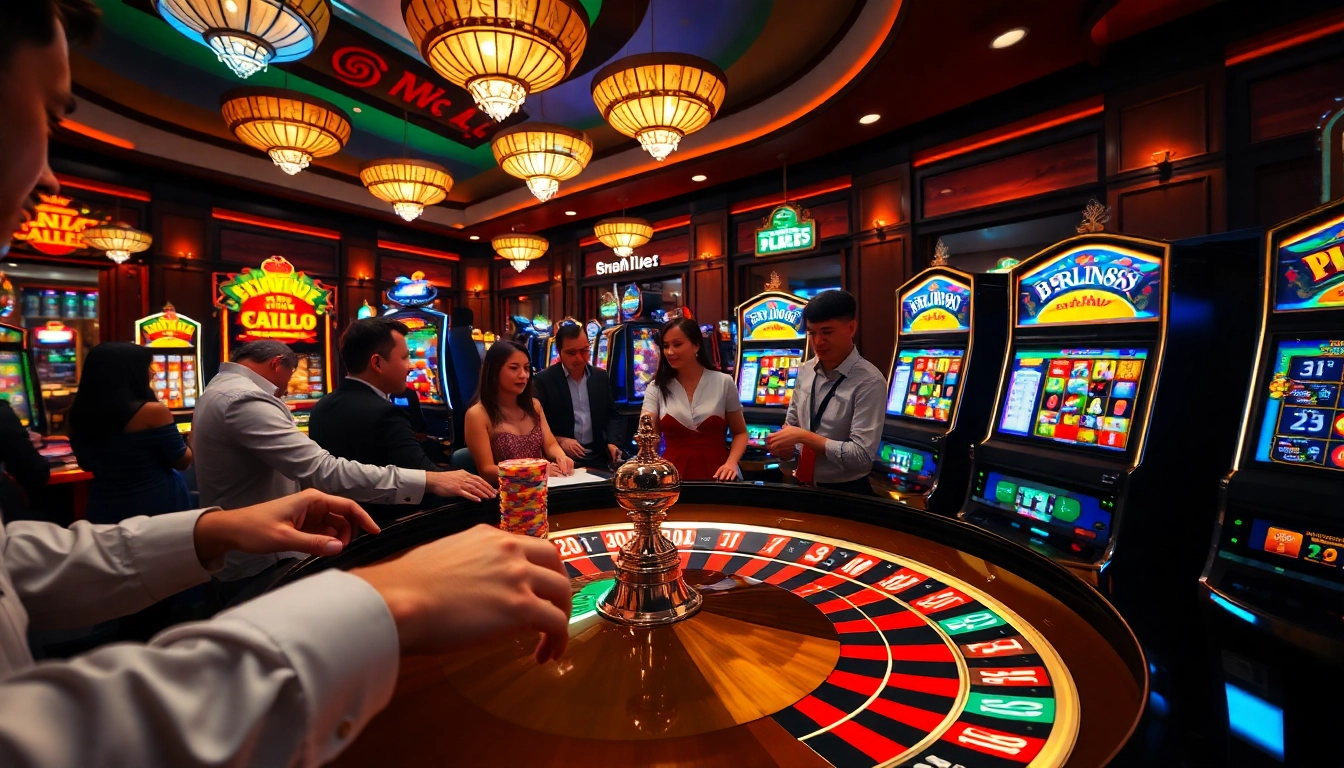 Players enjoying the thrill of BERLIAN888 at a lively casino, engaged in betting and excitement.