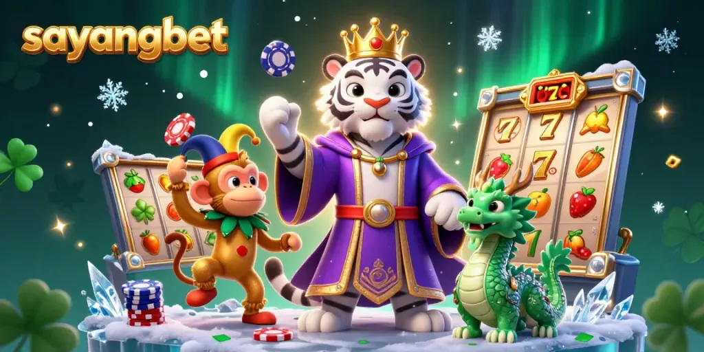 Experience excitement with sayangbet's captivating casino scene featuring a tiger and playful monkey.
