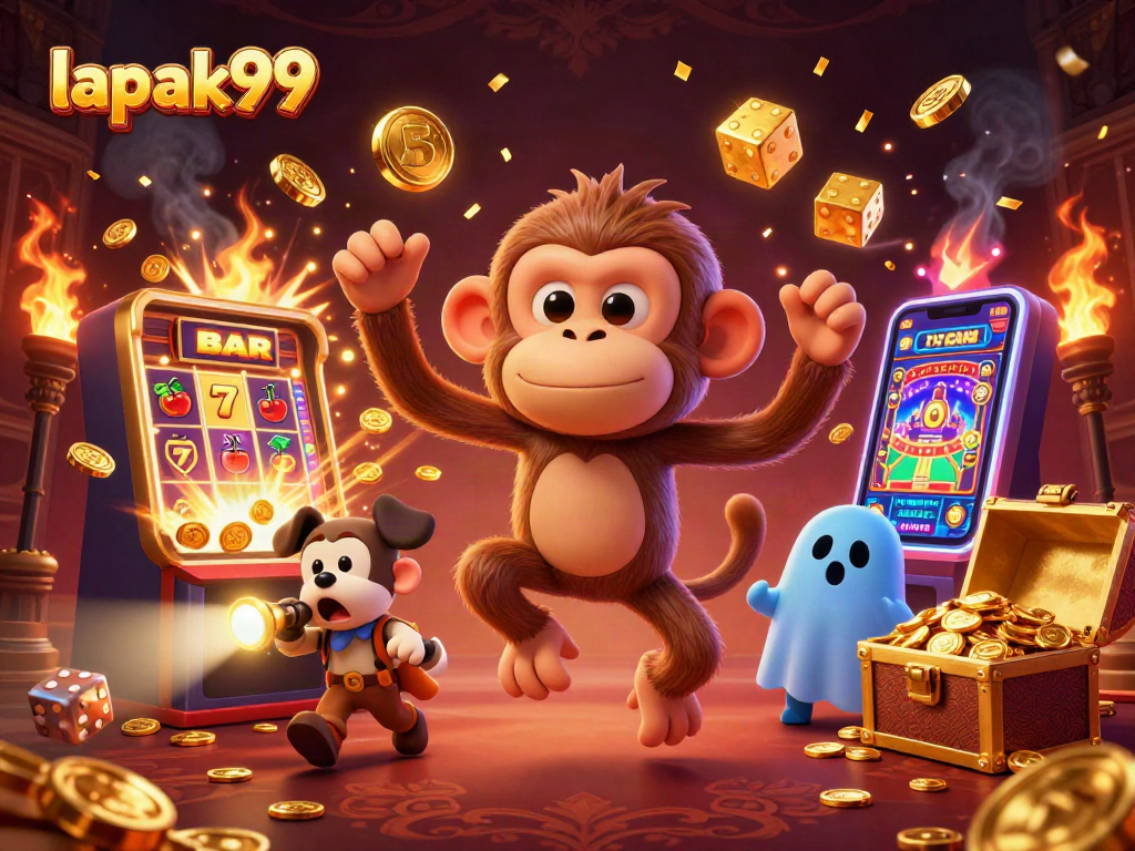 Lapak99 casino scene features a poltergeist monkey juggling golden items while a puppy tracks it.