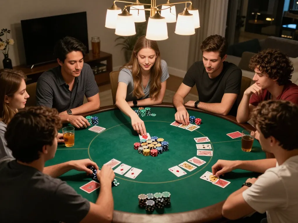 Engaging poker night scene with friends enjoying the alfa138 slot experience, chips and cards visible on the table.