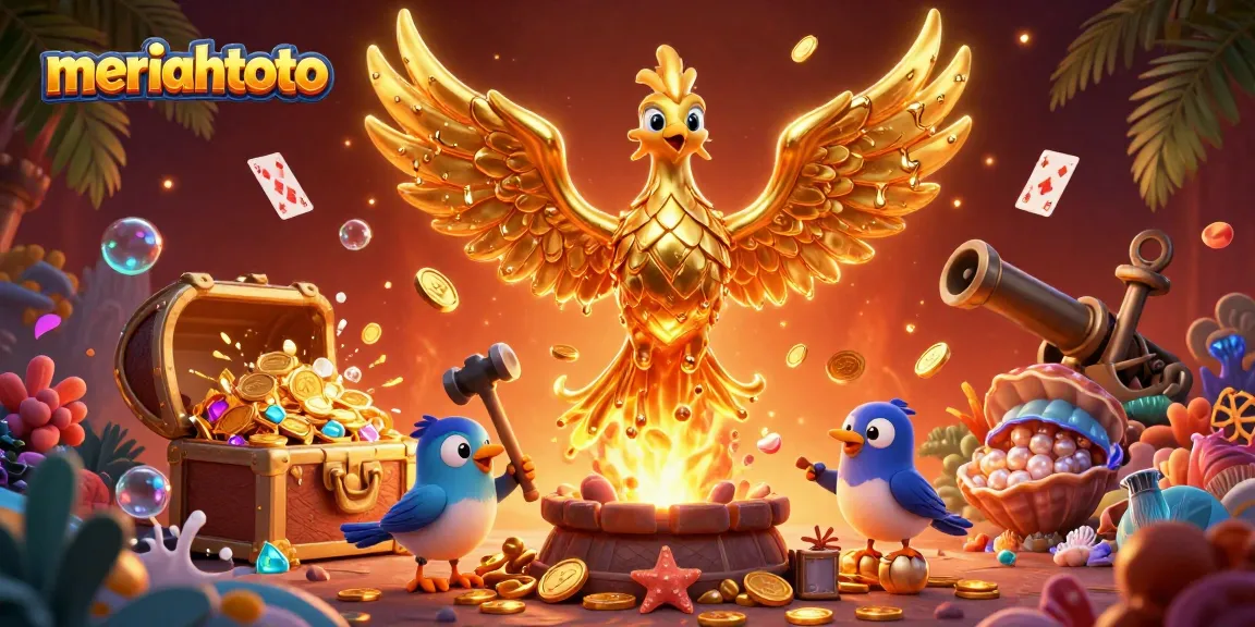 Meriahtoto, gambar phoenix emas dan peti harta karun yang penuh koin di kasino online.